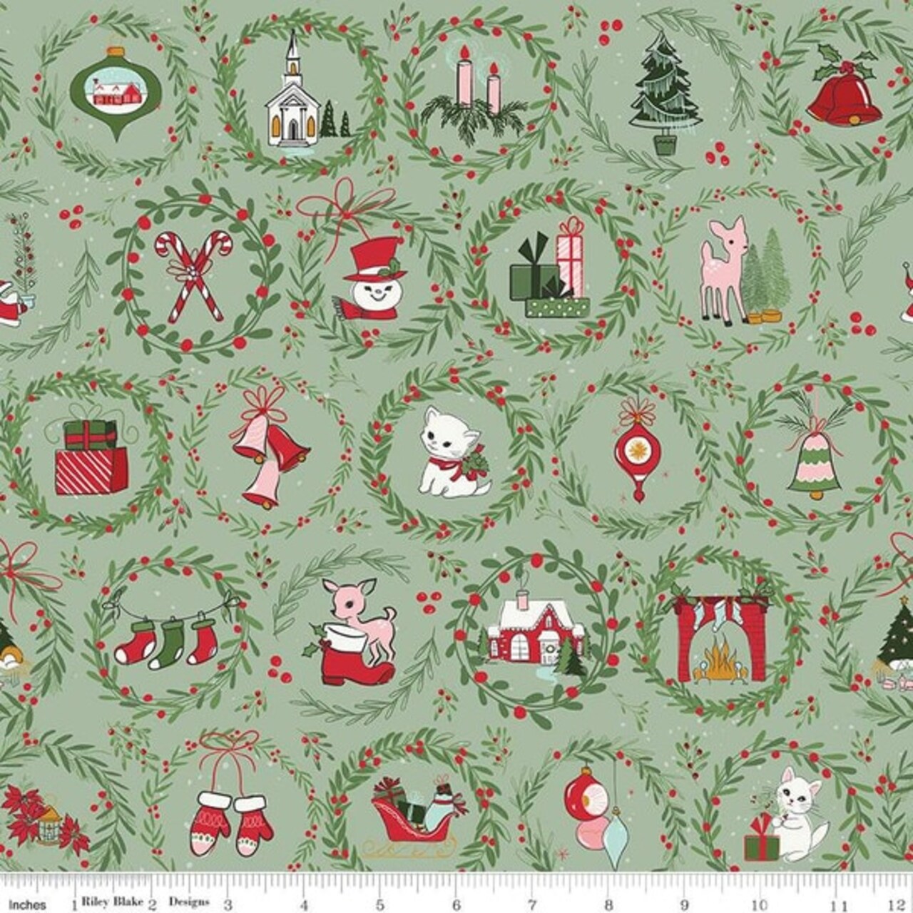 Wreaths in Sage (c16401-sage) | Mistletoe & Holly | Beverly McCullough | Riley Blake